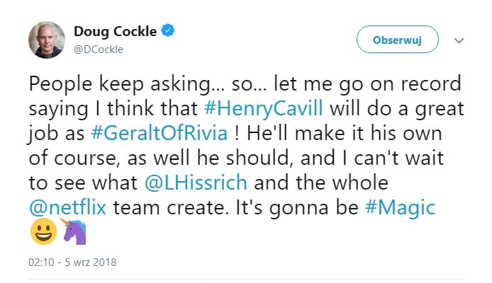 Doug Cockle o Henrym Cavillu w roli Wiedźmina Geralta