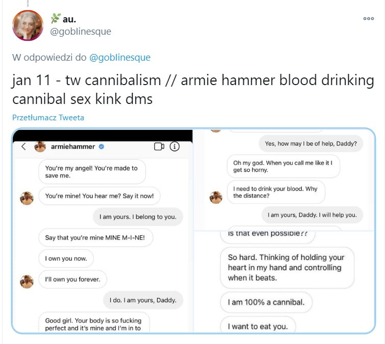 armie hammer skandal seks wiadomości instagram kanibal