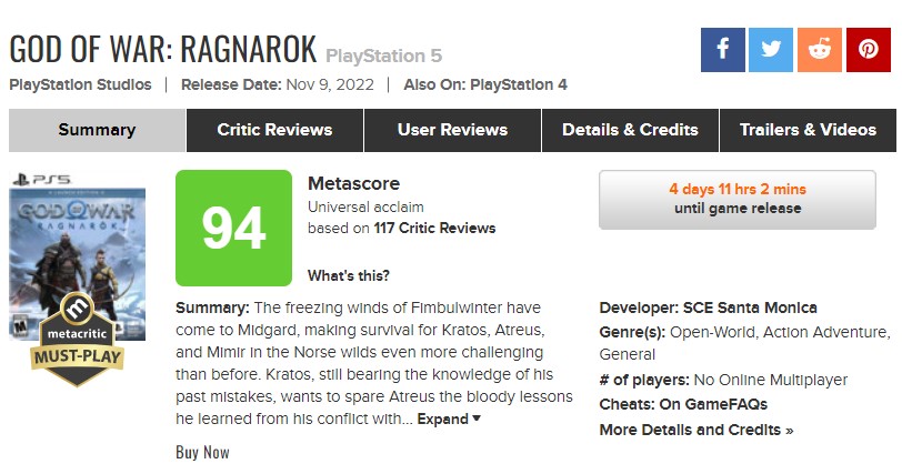 god of war ragnarok metacritic